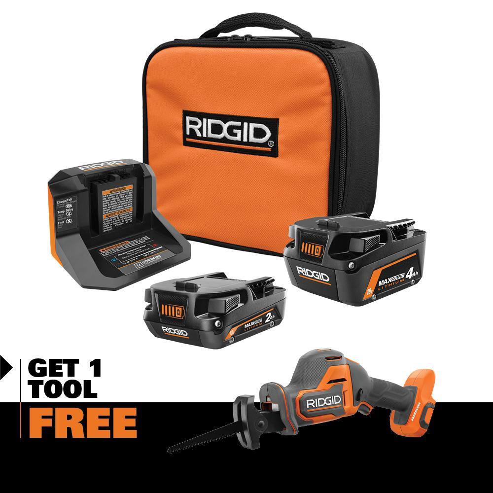 RIDGID 18V MAX Output 4.0 Ah 2.0 Ah Batteries and Charger with FREE 18V SubCompact Brushless One-Handed Reciprocating Saw AC8400240SB-R8648B