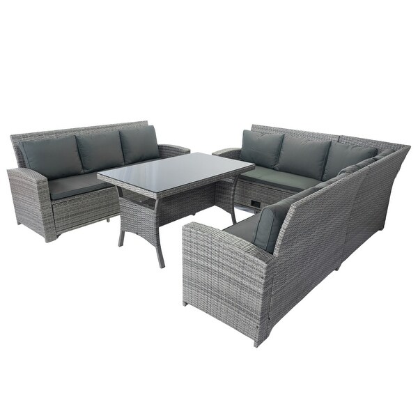 Grey Wicker 5piece Patio Outdoor Conversation Sectional Set with 3 UnderSeat Storage Compartments，Cushions