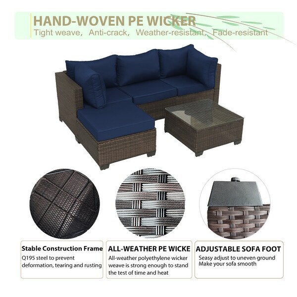 5Piece HandWoven PE Wicker Outdoor Patio Sectional Sofa Set with Cushions and Coffee Table