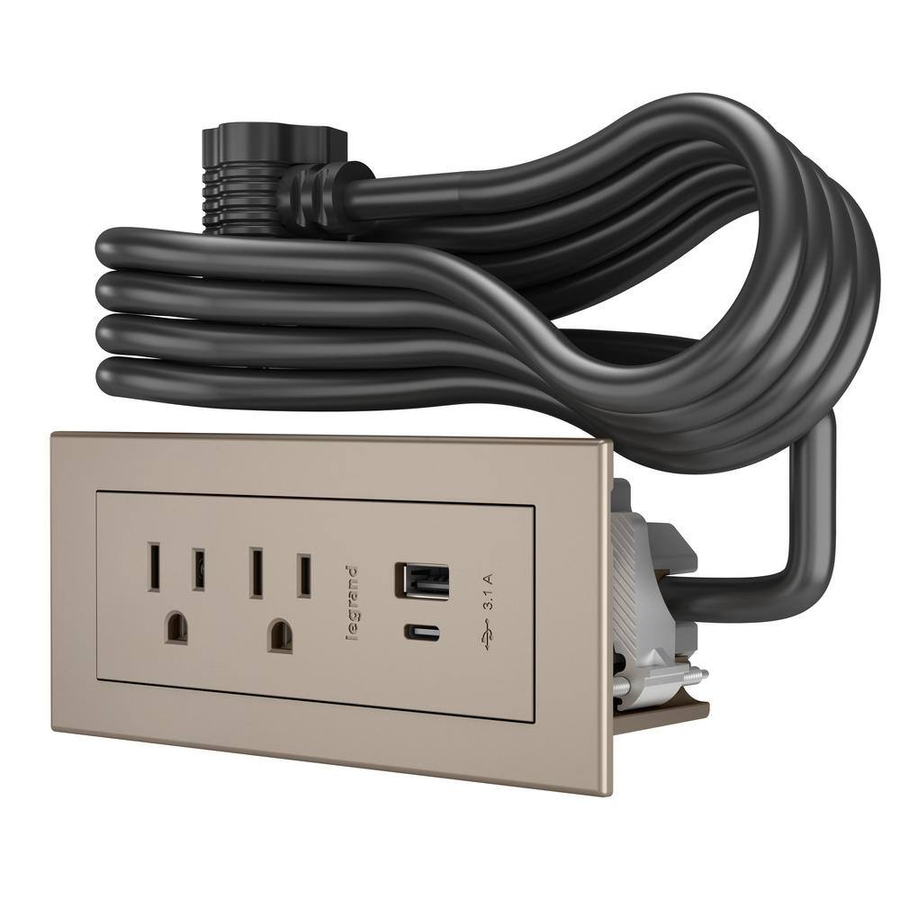 Legrand 10 ft. Cord 15 Amp 2-Outlet and 2 Type AC USB Radiant Furniture Power Strip in Nickel RDZCNI10