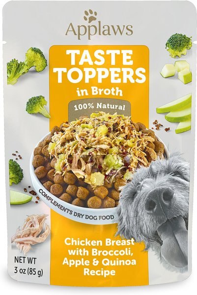 Applaws Taste Toppers Chicken， Broccoli， Apple and Quinoa in Broth Wet Dog Food Topper， 3-oz pouch