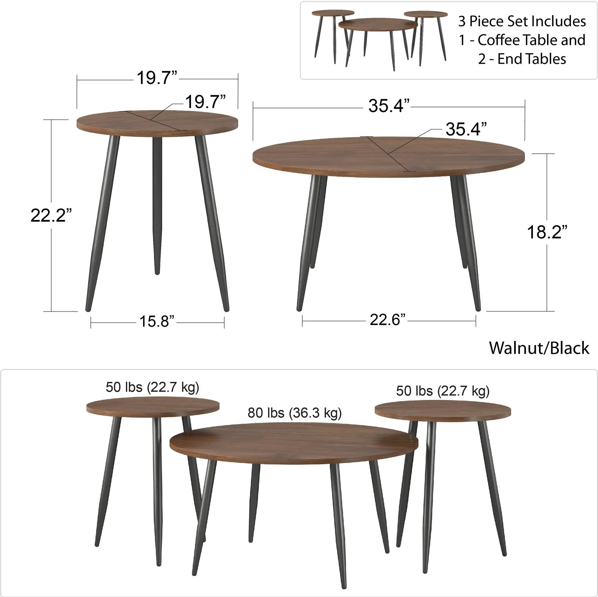 Morley Walnut Coffee Table and End Table Set