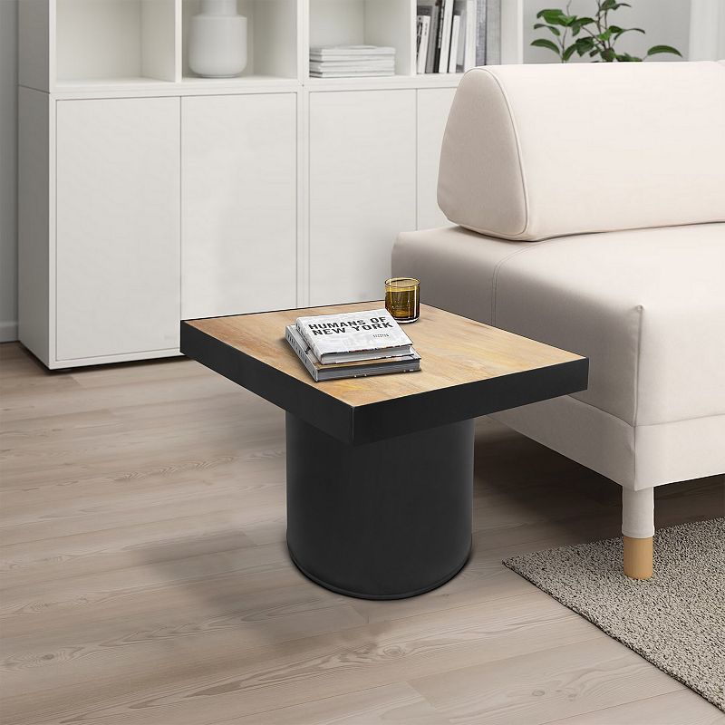 21 Inch Wooden Side Table with Block Metal Base， Brown and Black