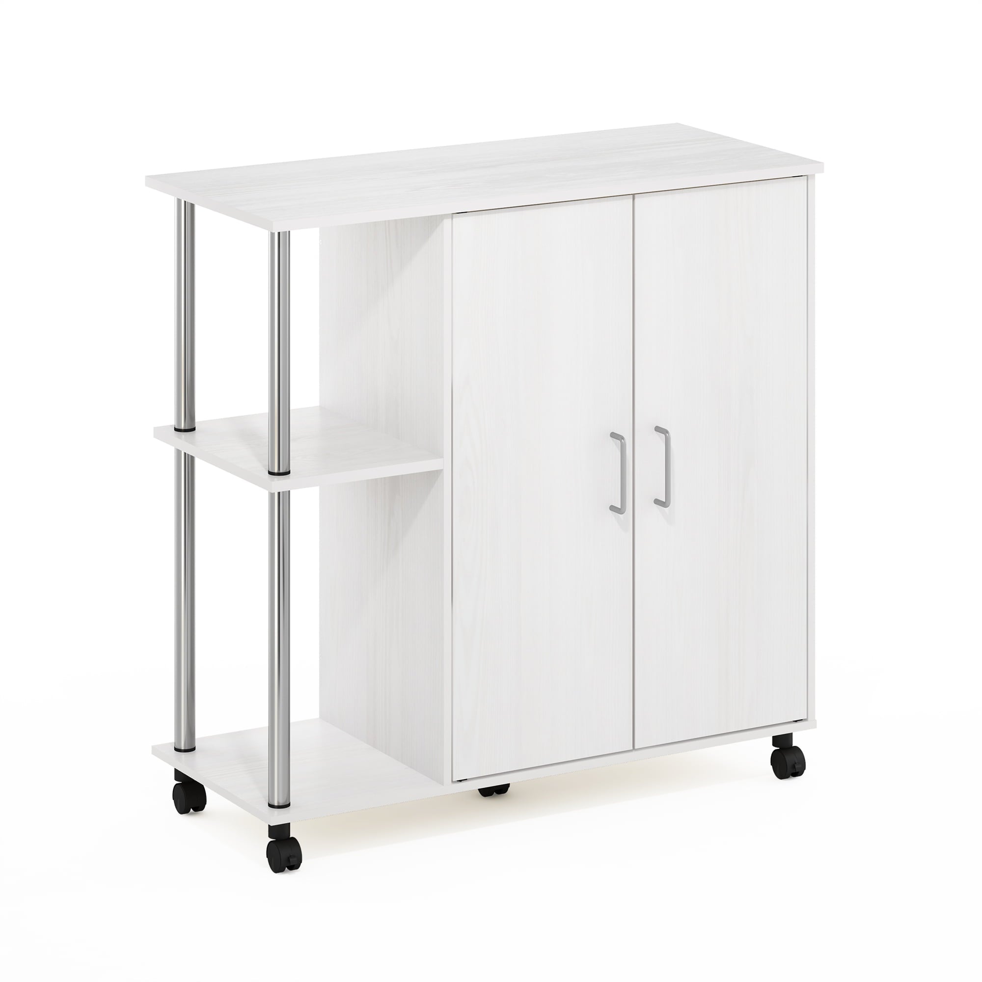 Furinno Helena 3-Tier Utility Kitchen Island and Storage Cart on wheels with Stainless Steel Tubes， White Oak/Chrome