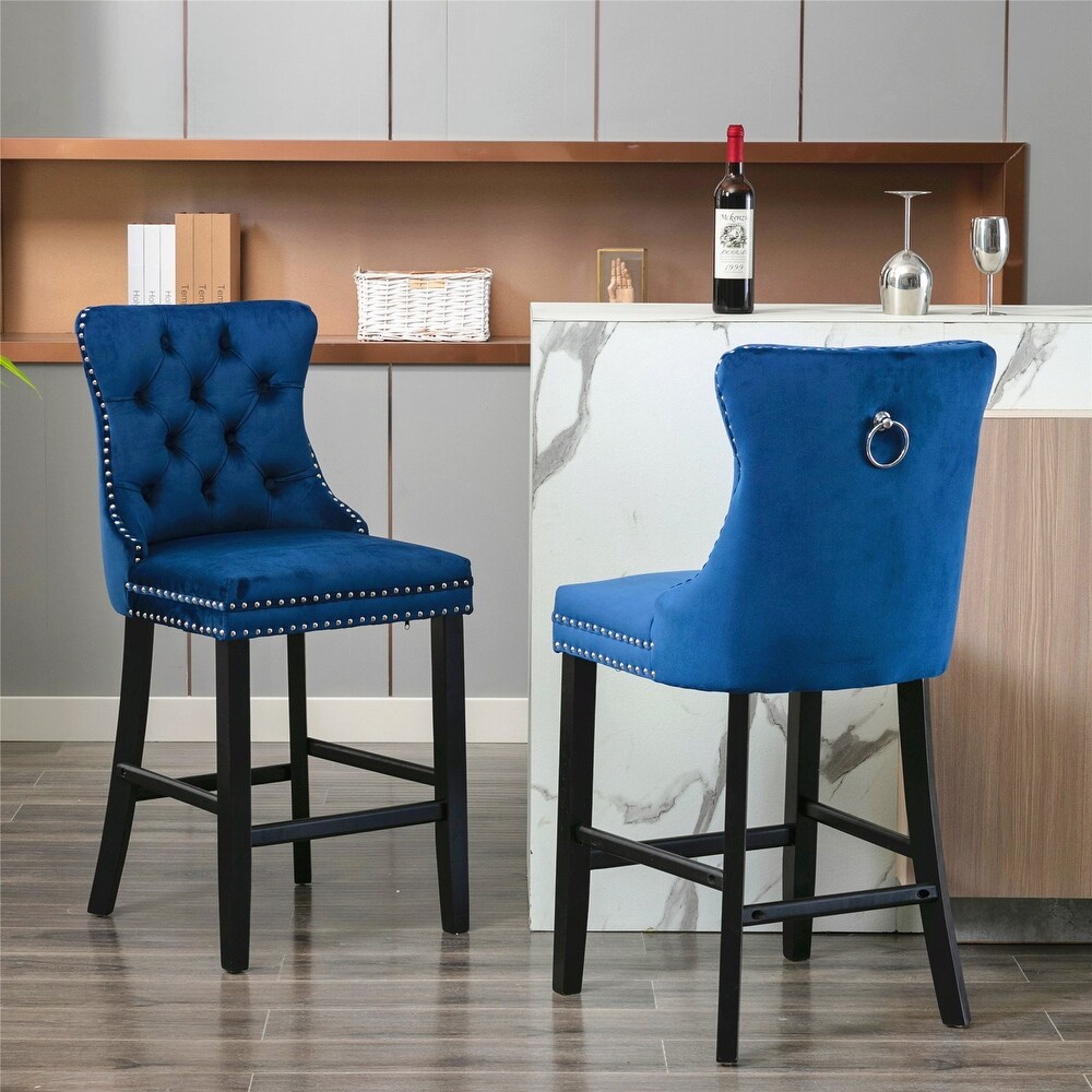 Oaks Aura Contemporary Velvet Upholstered Barstools Leisure Style Bar Chairs Wood Bar Stools  Set of 2