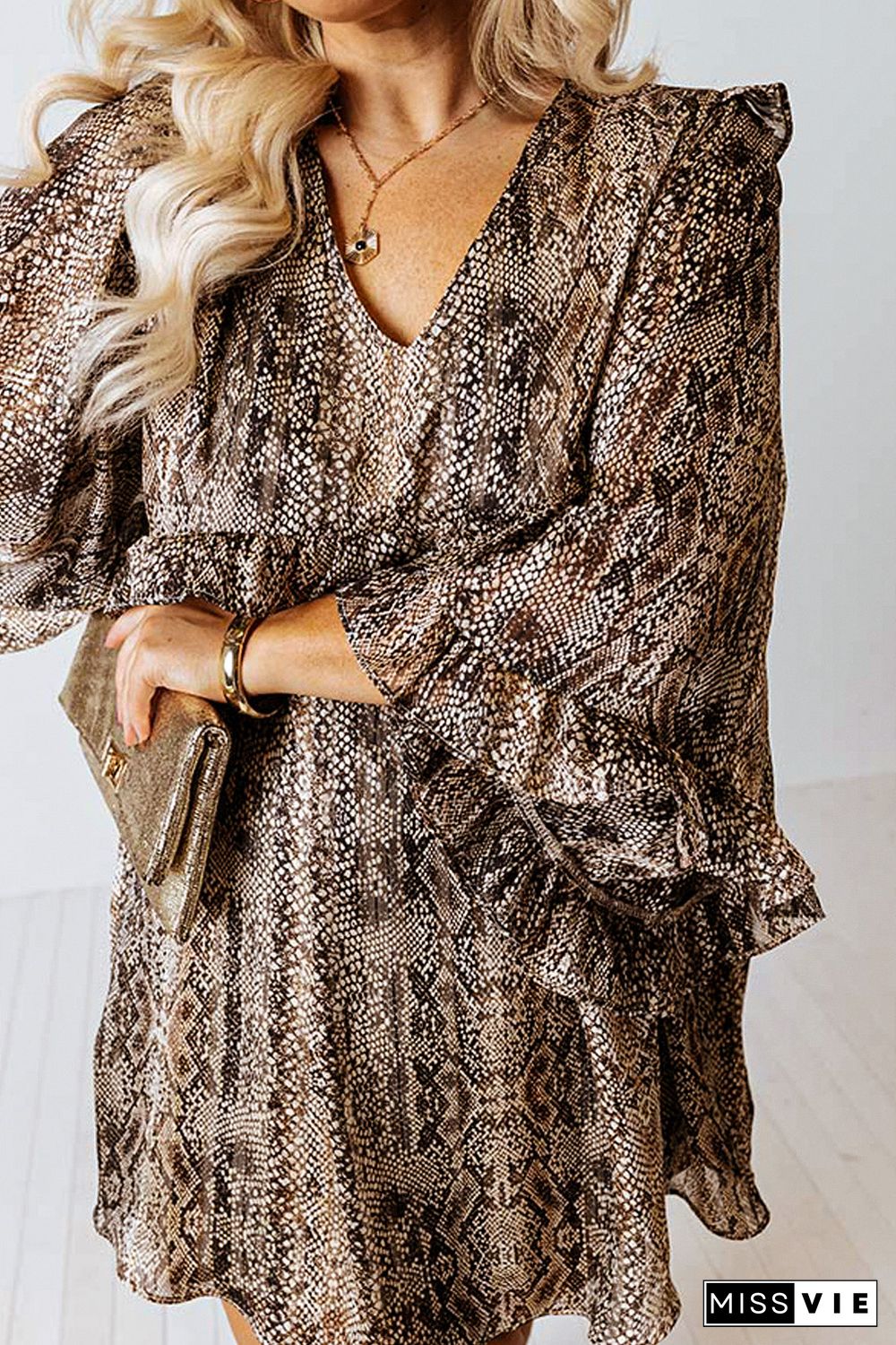 Brown Snake Print Crinkle Plus Size Dress