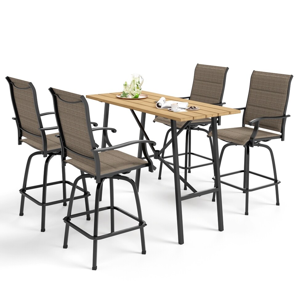 5 Piece Patio Bar Stool Set Wood grain Bar Table   Textilene Swivel Stools