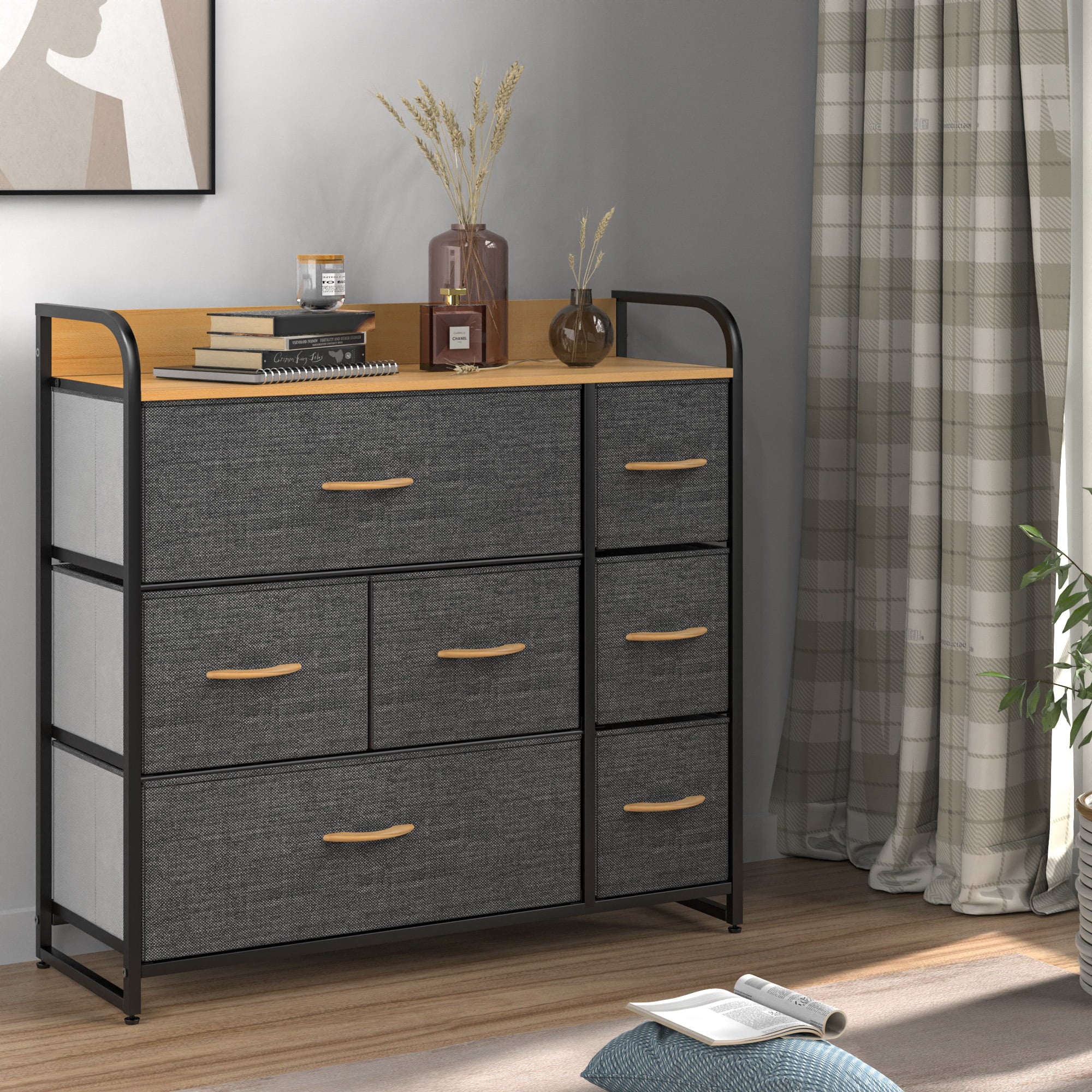 YITAHOME 7 Drawers Dresser Fabric Storage Tower Wooden Top Shelf Modern Organizer, Dark Gray