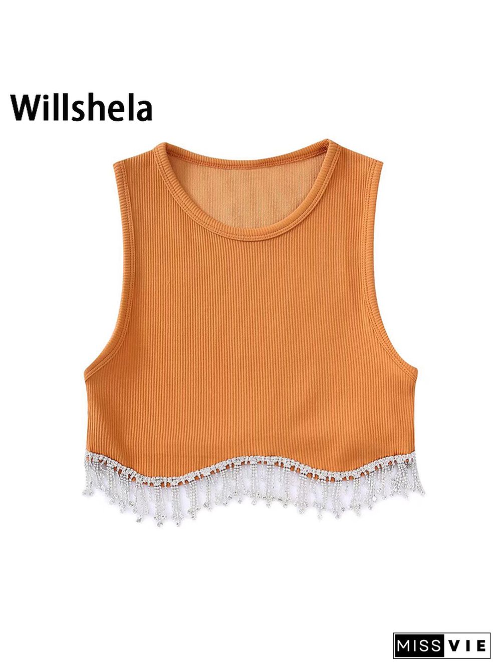 Women Fashion Camis With Beading Hem Cropped Sleeveless Vest Vintage O Neck Female Chic Lady Crop Tank Tops