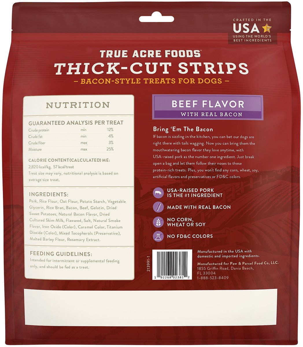 True Acre Foods Thick Cut Strips with Real Bacon and Beef Dog Treats， 25-oz bag