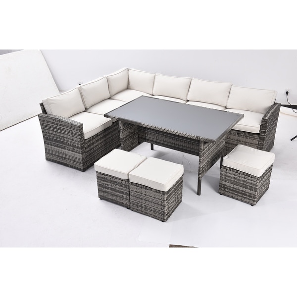 Patio Furniture Set，7 Pieces Sectional Conversation Sofa with Ottomans，All Weather，With Backrest and Removable Cushions