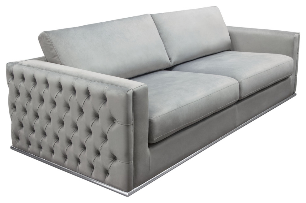 Sofa  Platinum Gray Velvet With Tufted Outside Detail and Silver Metal Trim   Contemporary   Sofas   by Kolibri Decor  Houzz