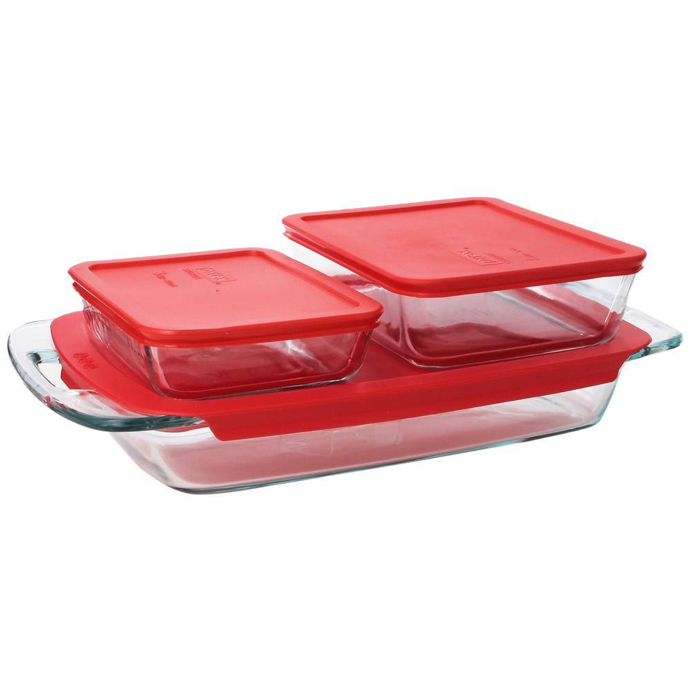 Pyrex Bake N Store 6-Piece Glass Bakeware and Storage Set with Red Lids 1090993