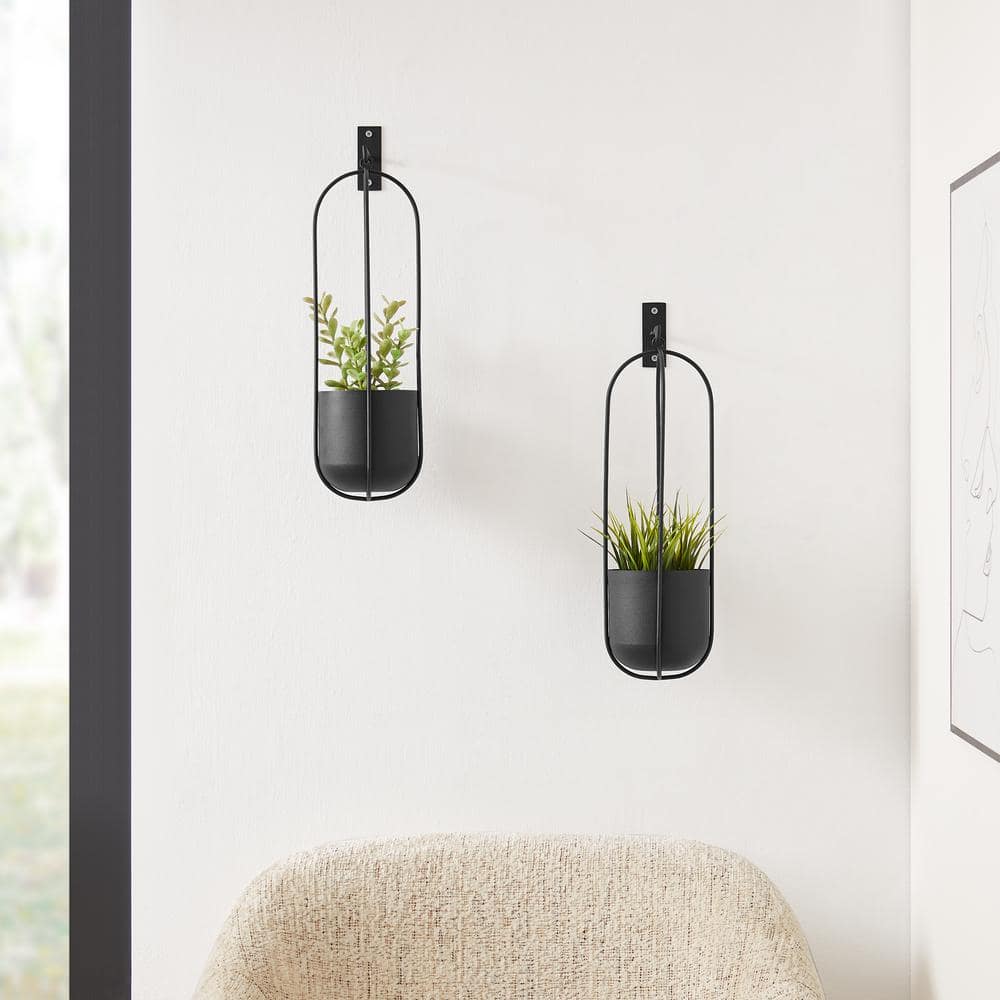 DANYA B Walter 2-Piece Modern Black Metal Oval Hanging Planter Set with Chain Hanging Option SE24396