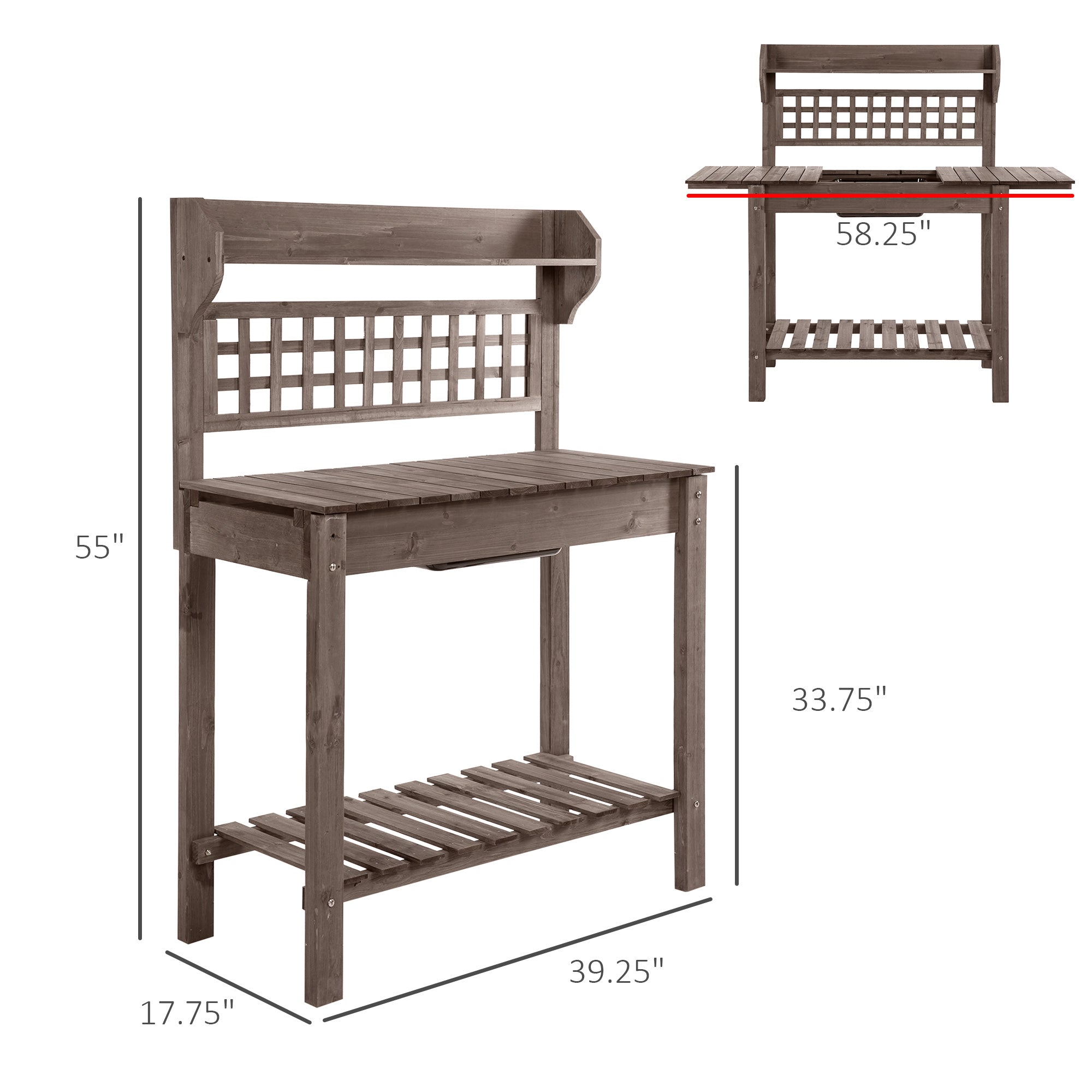 OWSOO 39'' x 18'' x 55'' Gardening Workbench Wood Garden Potting Work Table with Hidden Storage, Sink Basin - Brown