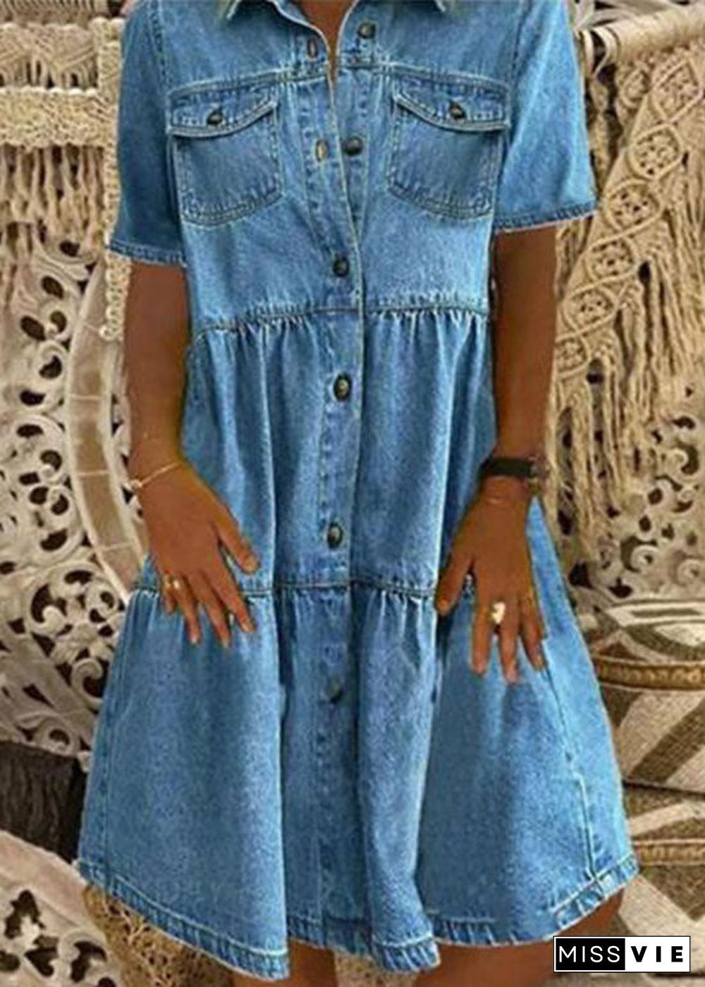 Style Light Blue Peter Pan Collar Wrinkled Patchwork Denim Mid Dress Summer