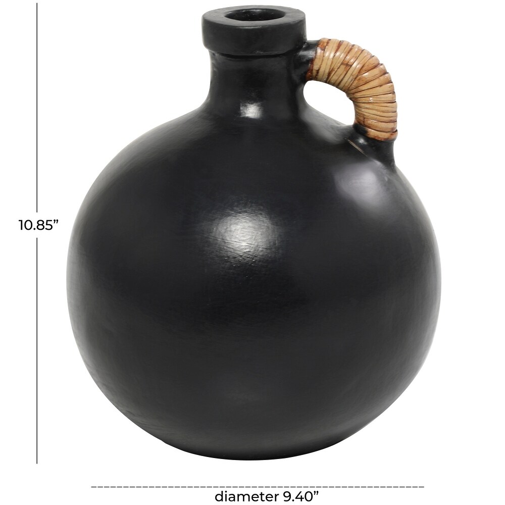 Black Ceramic Jug Inspired Vase with Rattan Wrapped Handle