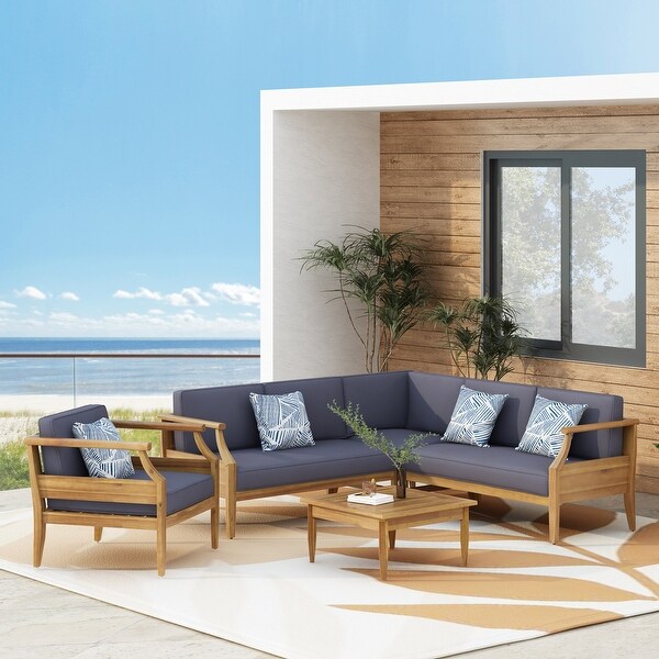 Aston Outdoor MidCentury Modern Acacia Wood Sectional Chat Set by Christopher Knight Home