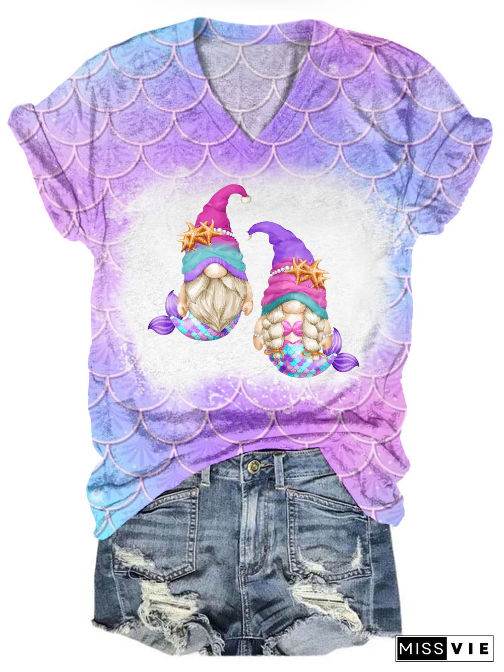 Mermaid Gnomes Tie Dye V Neck T-shirt