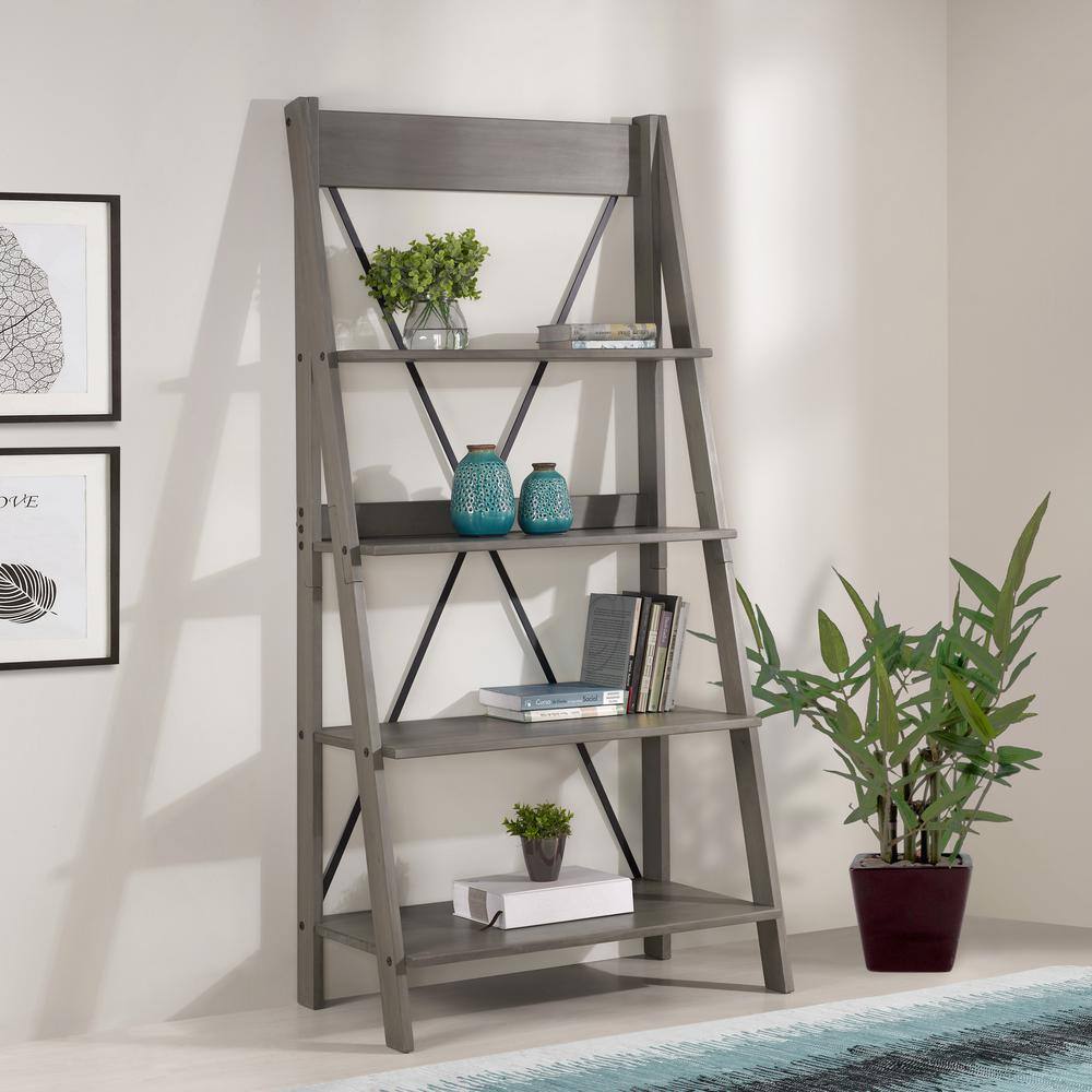 Welwick Designs 68 in. Gray Wood 4-shelf Ladder Bookcase with Open Back HD8225