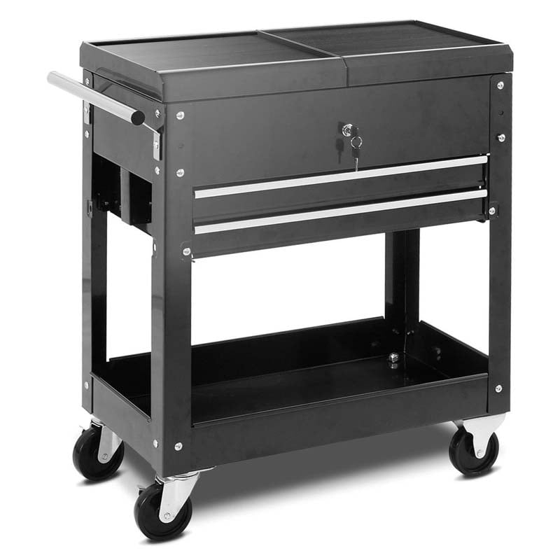 Portable Rolling Tool Cart 2-Drawer Tool Storage Cabinet Metal Toolbox Organizer with Slide Top