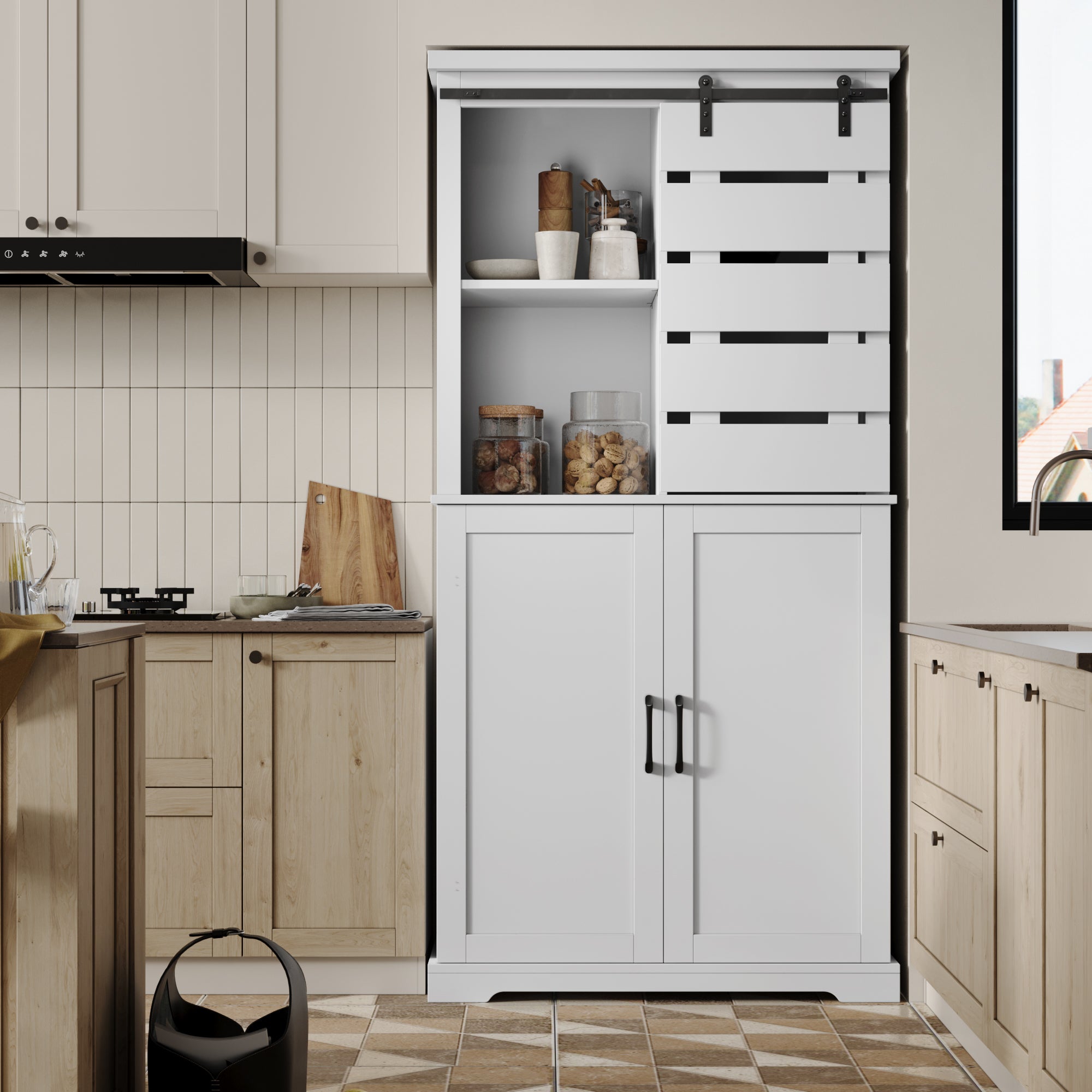 Tall Kitchen Pantry Cabinet Storage Cabinet With Sliding Door And Adjustable Shelves