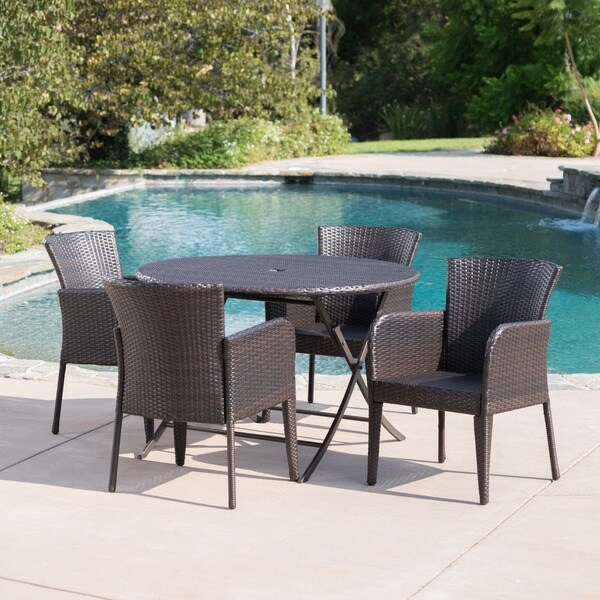 Bram Outdoor 5Piece Round Foldable Wicker Dining Set with Umbrella Hole by Christopher Knight Home