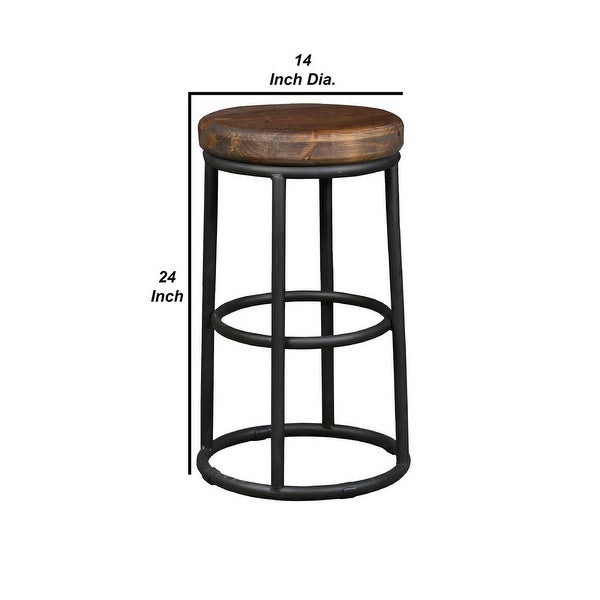 Ken 24 Inch Backless Round Counter Stool， Pine Wood Seat， Brown， Black - 24 H x 14 W x 14 L Inches