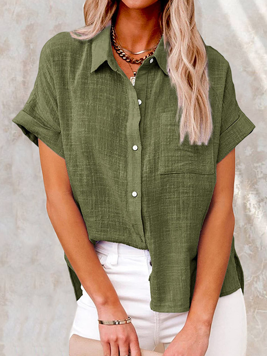 Summer Solid Color Linen Casual Short Sleeve Loosen Blouse