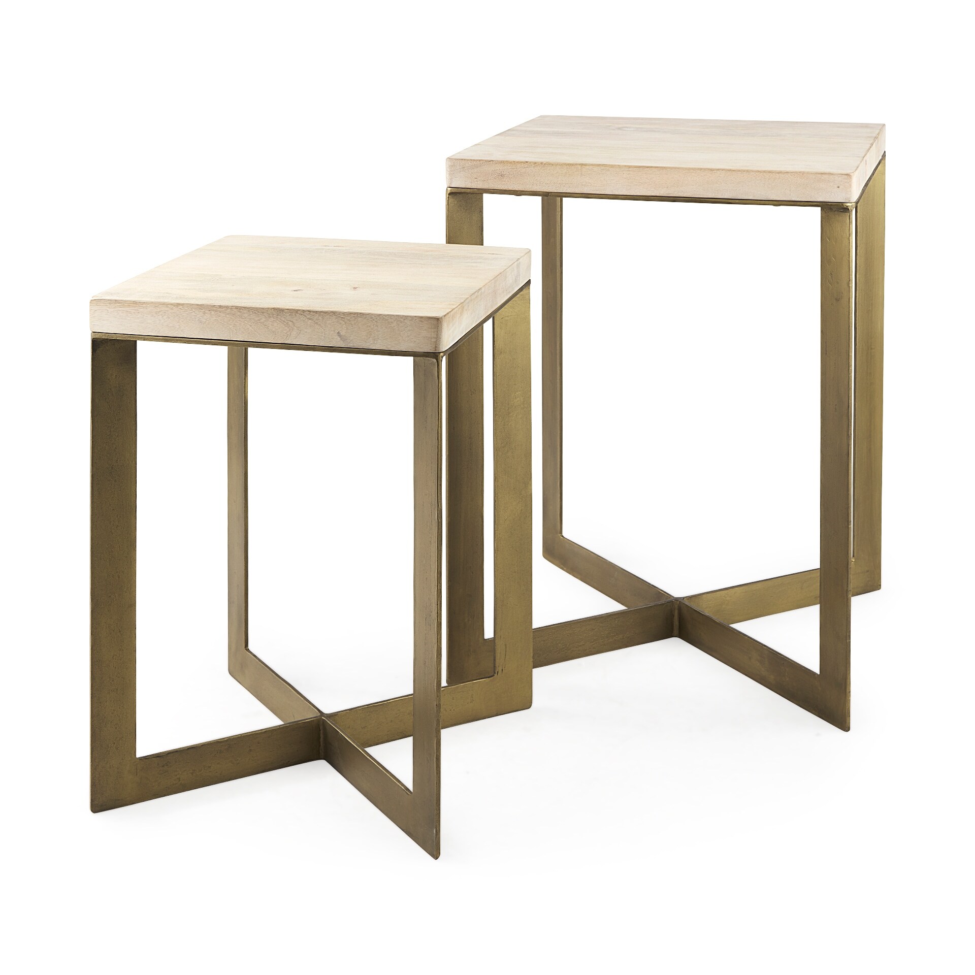 Faye Light Brown Wood w/ Gold X-Shaped Metal Base Accent Tables (Set of 2)