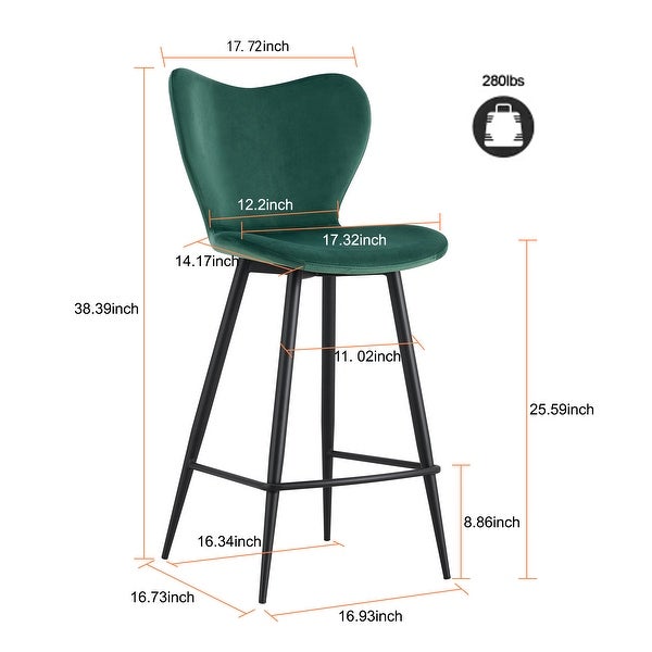 38.3Inch Seat High Barstool， Dining Chairs， Velvet Chair Modern Kitchen Chair with Metal leg(Set of 2)