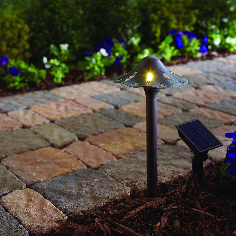 Hampton Bay Solar Oil Rubbed Bronze Outdoor Integrated LED Mushroom Landscape Path Light with Remote Solar Panel (2-Pack) 29152