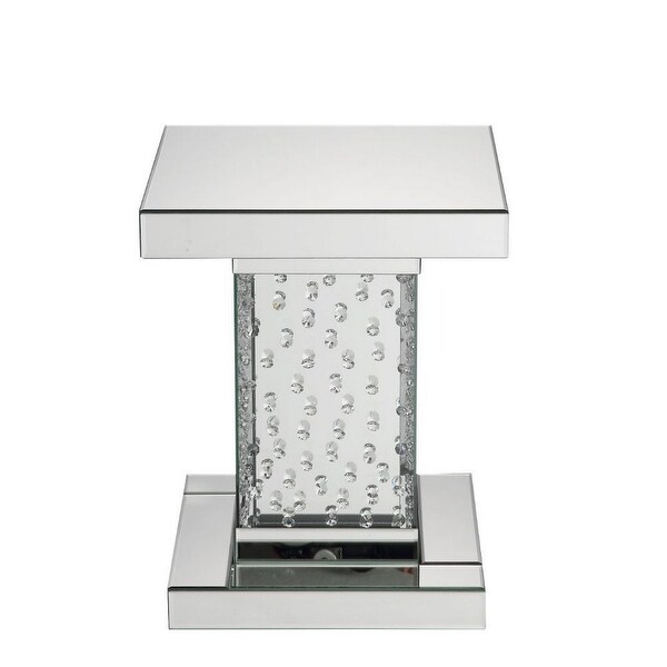 Pali 20 Inch Square Pedestal End Table， Mirrored， Faux Crystal Inlay， Silver