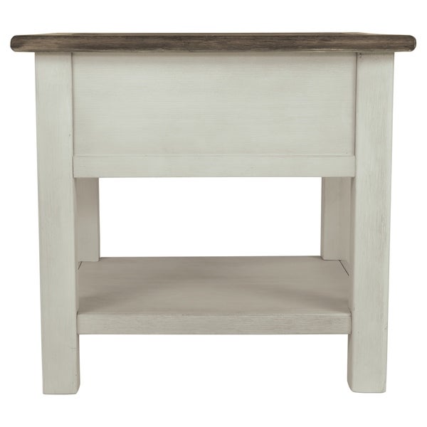 End Table With Plank Top and a Gliding Drawer， Cream and Brown