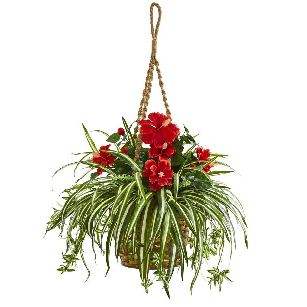 Nearly Natural 31-in Hibiscus and Spider Artificial Plant In Hanging Basket