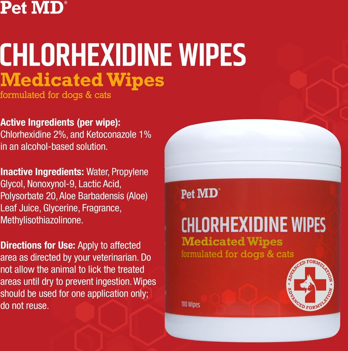 Pet MD Chlorhexidine Dog and Cat Wipes， 100 Count