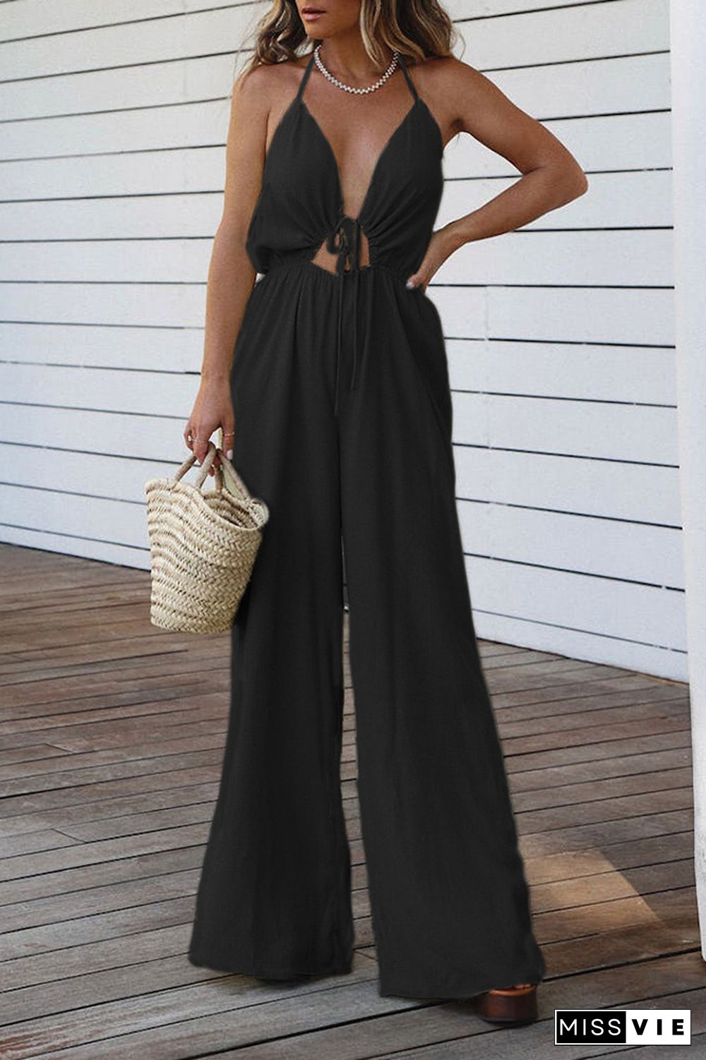 V Neck Halter Backless Wide Leg Jumpsuit