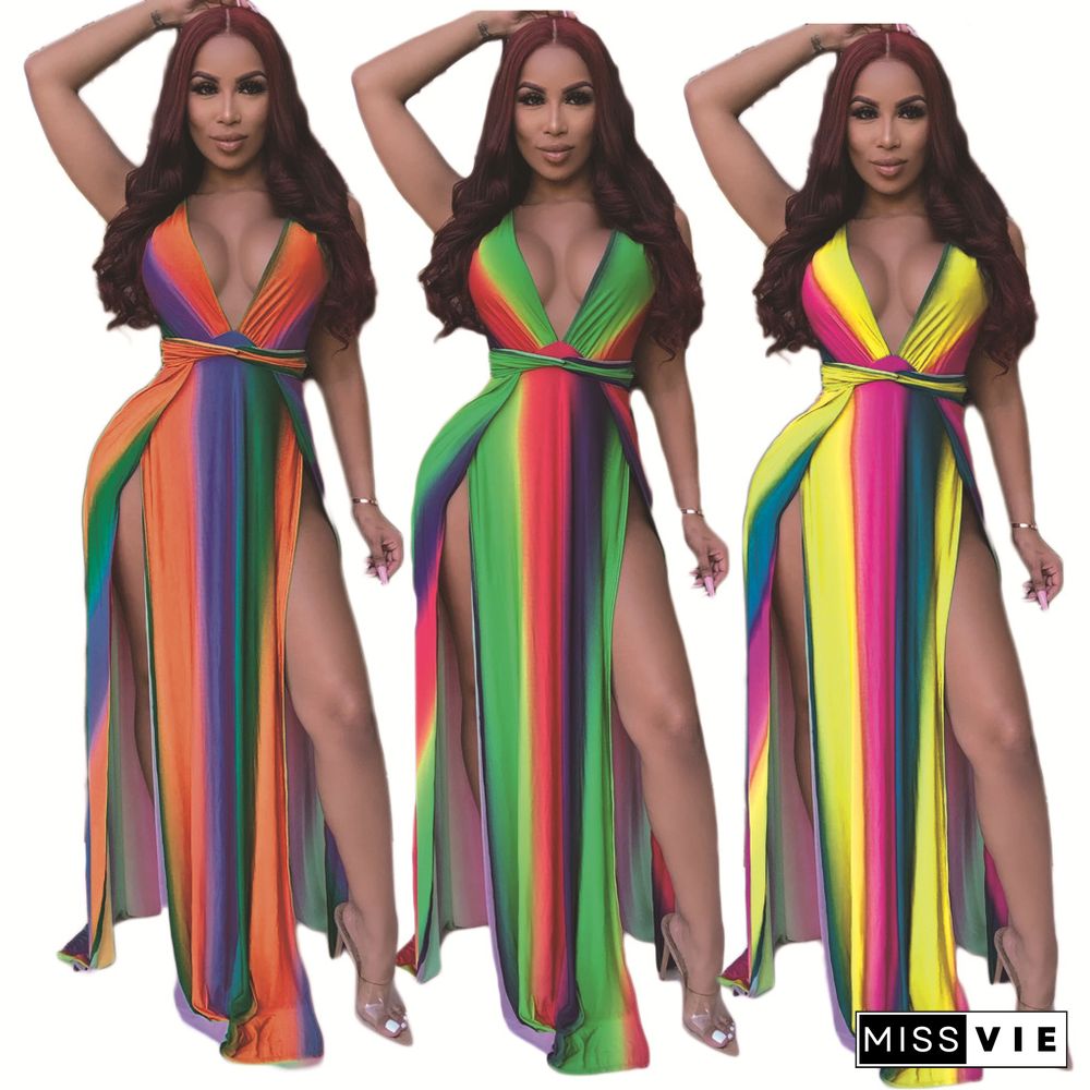 Sexy Rainbow Striped Print Deep V Neck High Slit Maxi Dress