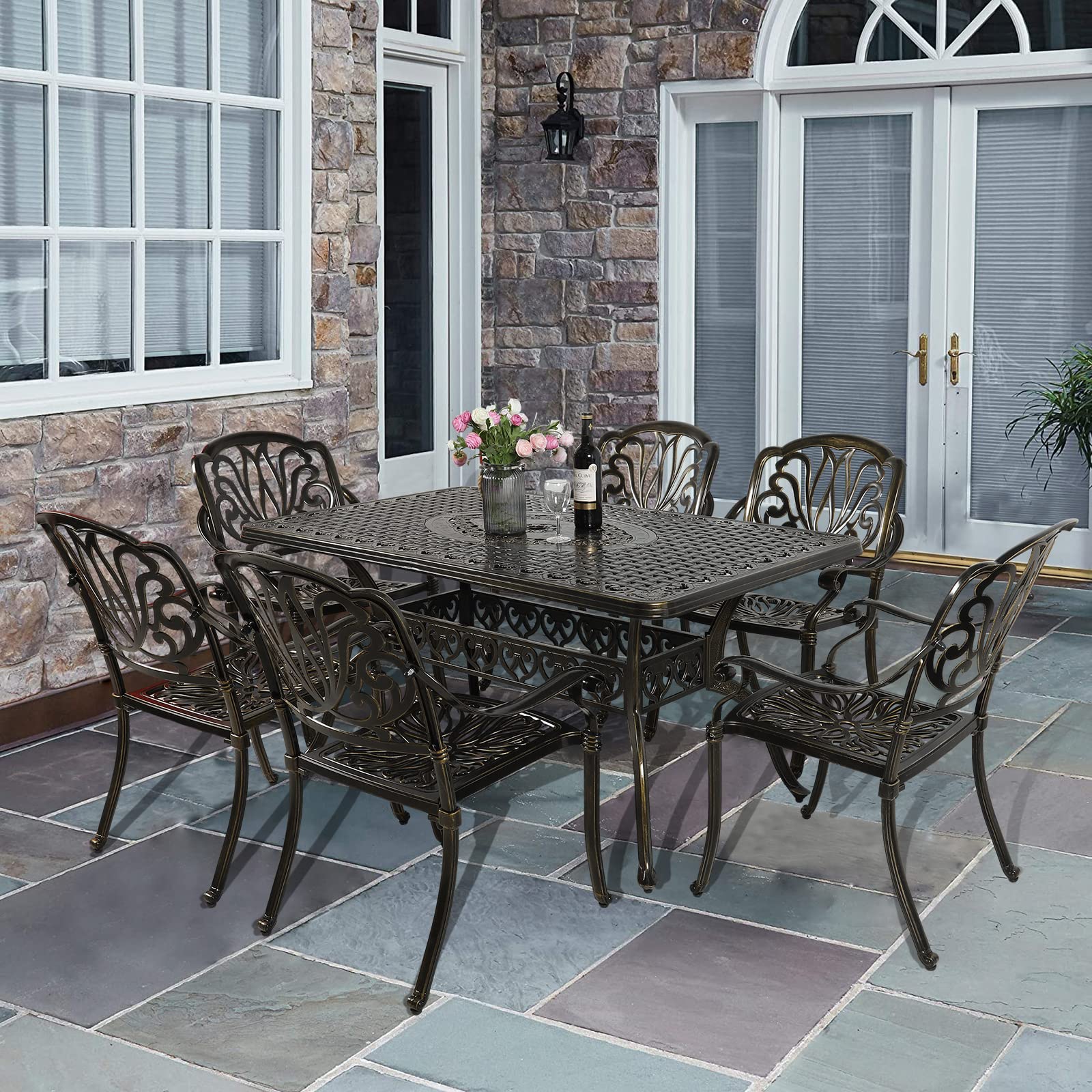 VIVIJASON 7-Piece Patio Furniture Dining Set, All-Weather Cast Aluminum Outdoor Conversation Set, Include 6 Chairs and a Rectangle Table with Umbrella Hole for Balcony Lawn Garden Backyard