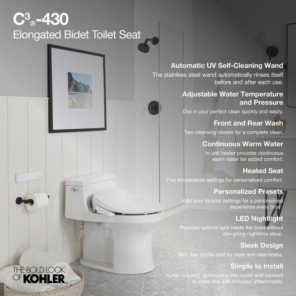 KOHLER C3430 Electric Heated Nightlight Remote Control Bidet Seat for Elongated Toilet in White