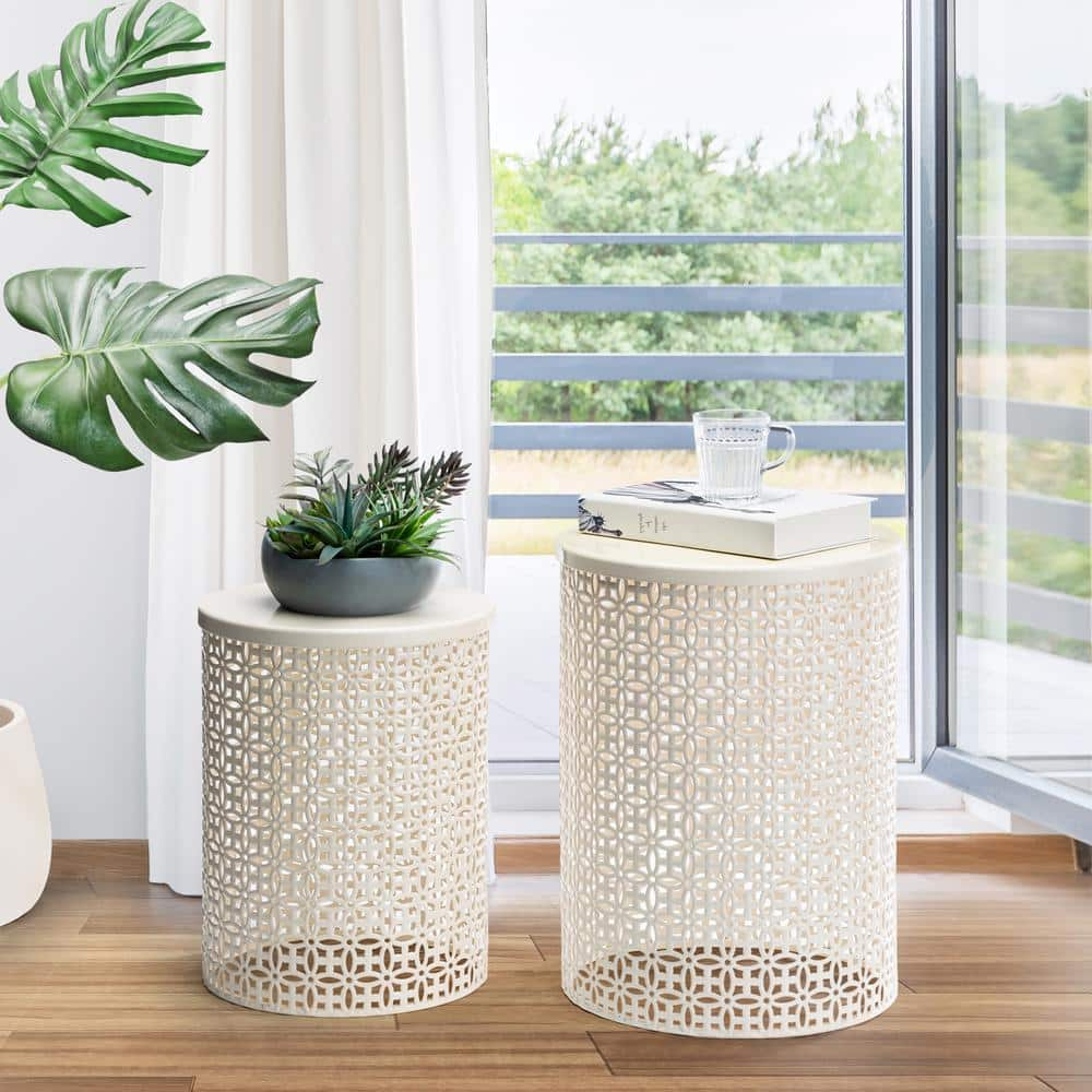 Glitzhome Multi-Functional Metal Cream White Garden Stool or Planter Stand or Accent Table or Side Table (Set of 2) GH2003800006