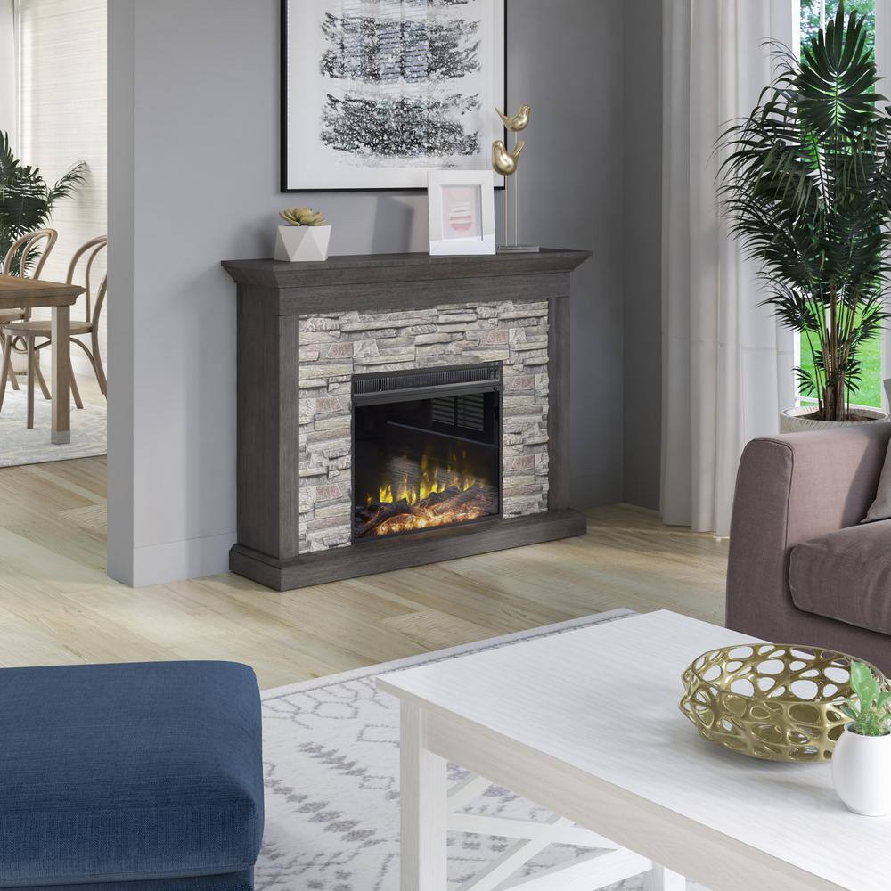 Twin Star Home Rustic 47.38 in. Freestanding Wooden Electric Fireplace with Stacked Stone Look in Weathered Gray 143047