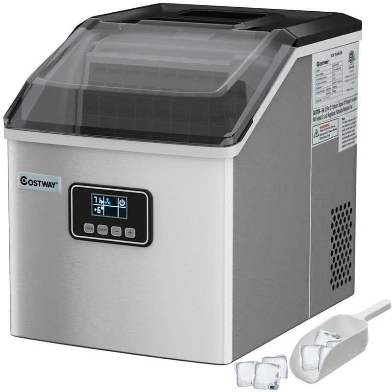 48LBS/24H Stainless Steel Countertop Ice Maker Machine with Self-Clean Function LCD Display Ice Scoop Basket