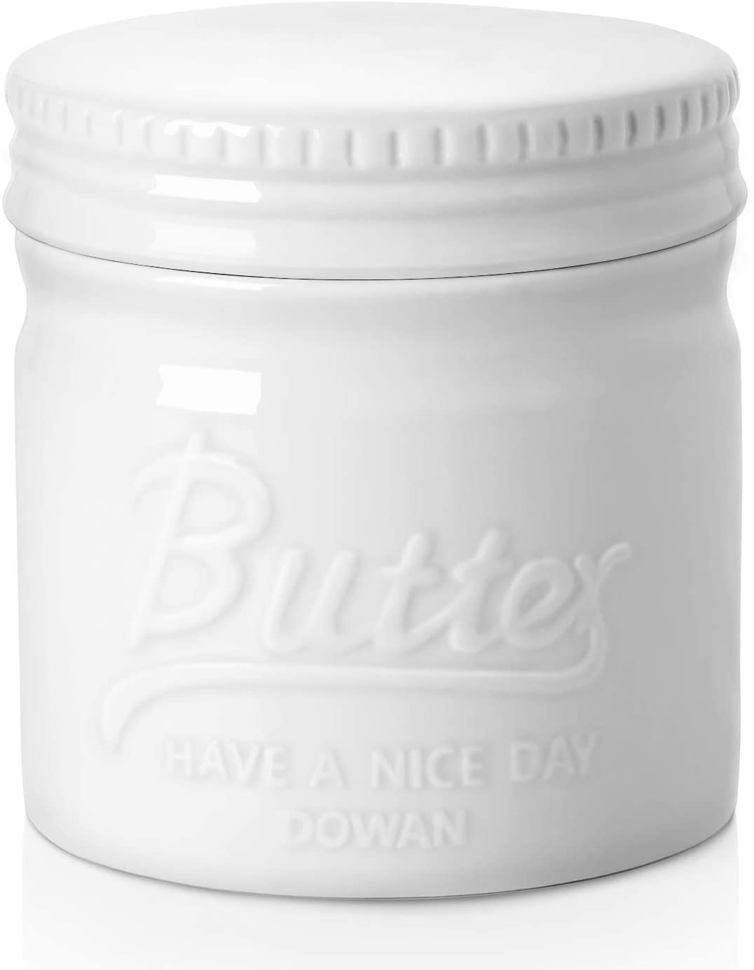 DOWAN Porcelain Butter Keeper Crock， French Butter Dish with Lid， Embossed Butter Container for Soft Butter， Big Capacity and Humanized Water Line， White