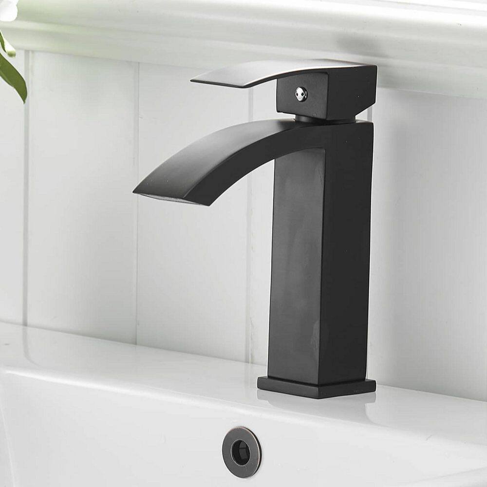 FLG Single-Handle Single-Hole Waterfall Bathroom Faucet Deck Mounted Bathroom Sink Faucet in Matte Black CC-0076-MB