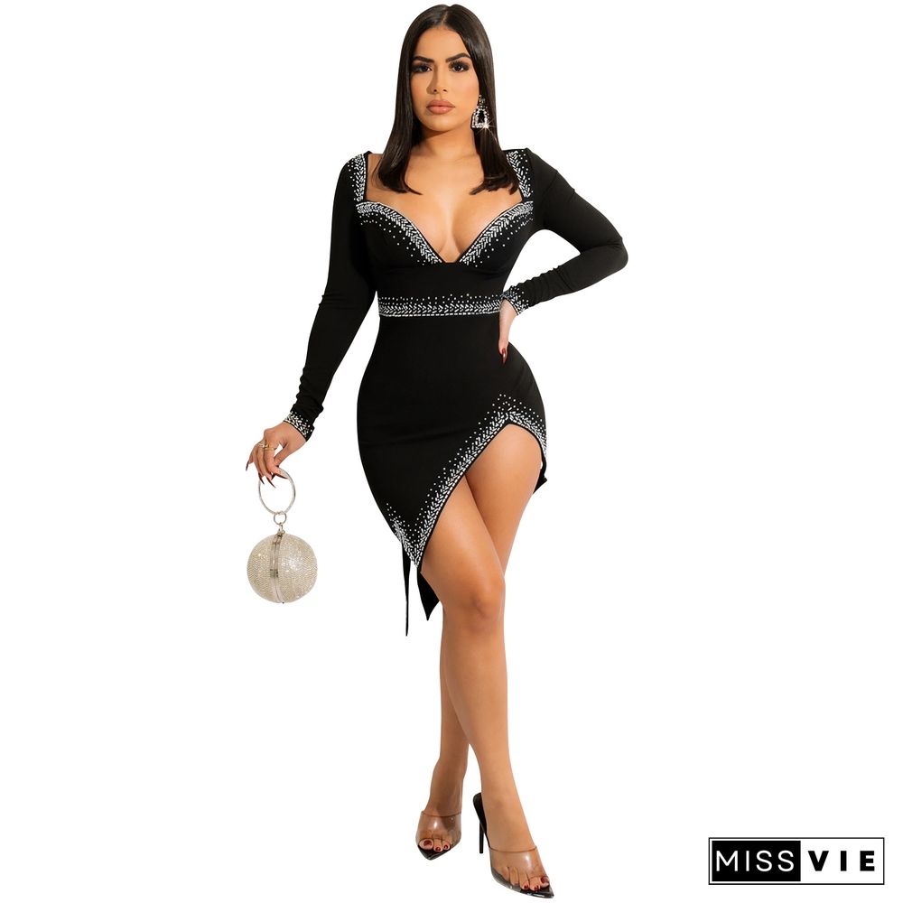 Hot Rhinestone V-neck Long Sleeve Slit Irregular Dress