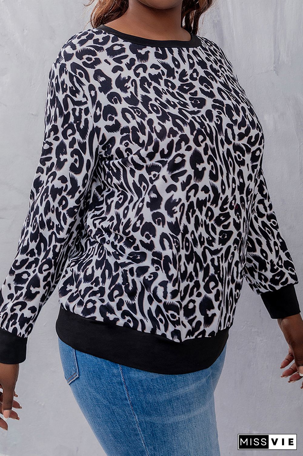 Plus Size Leopard Patchwork Long Sleeve Top