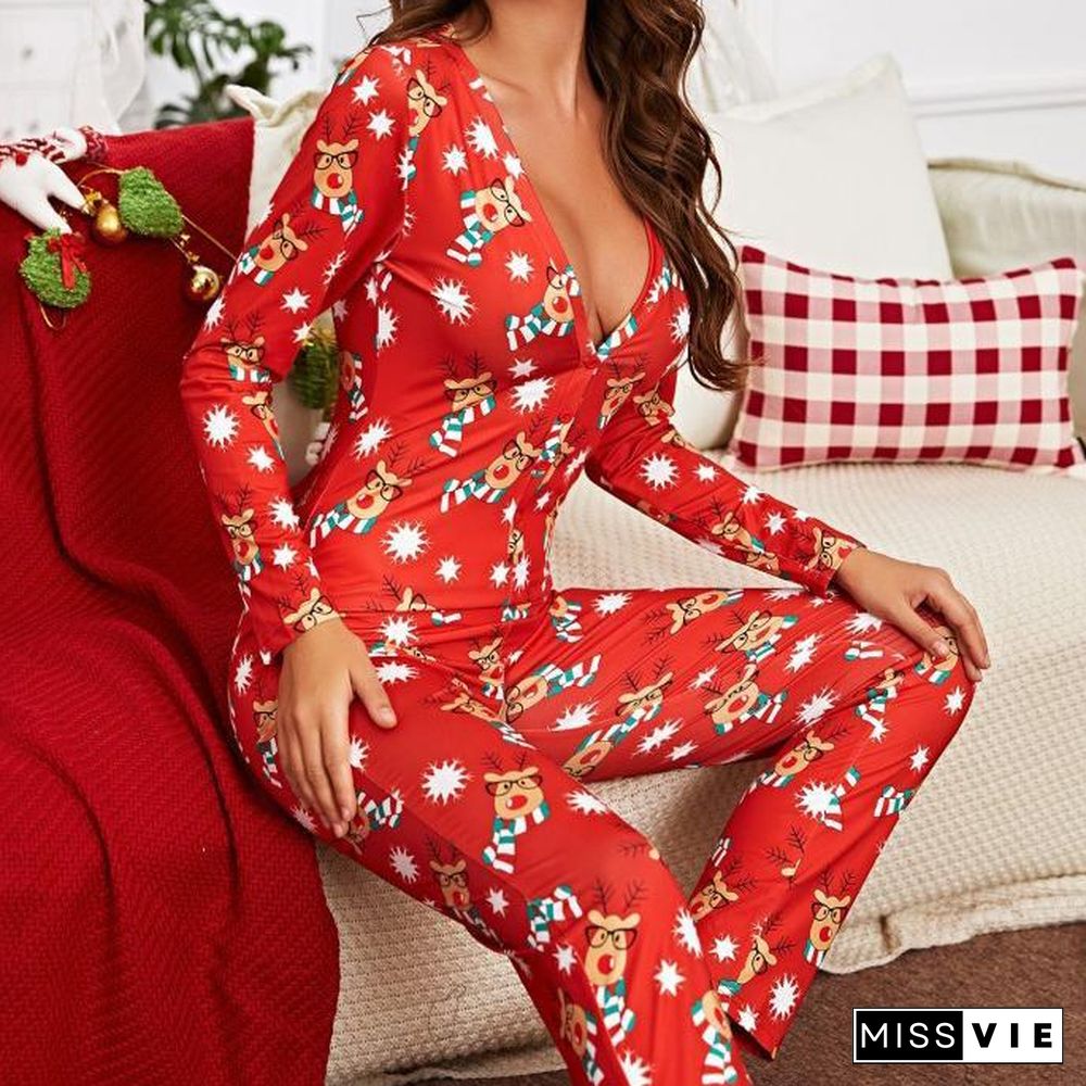 Sexy Low-Cut Printed Pajama Jumpsuit