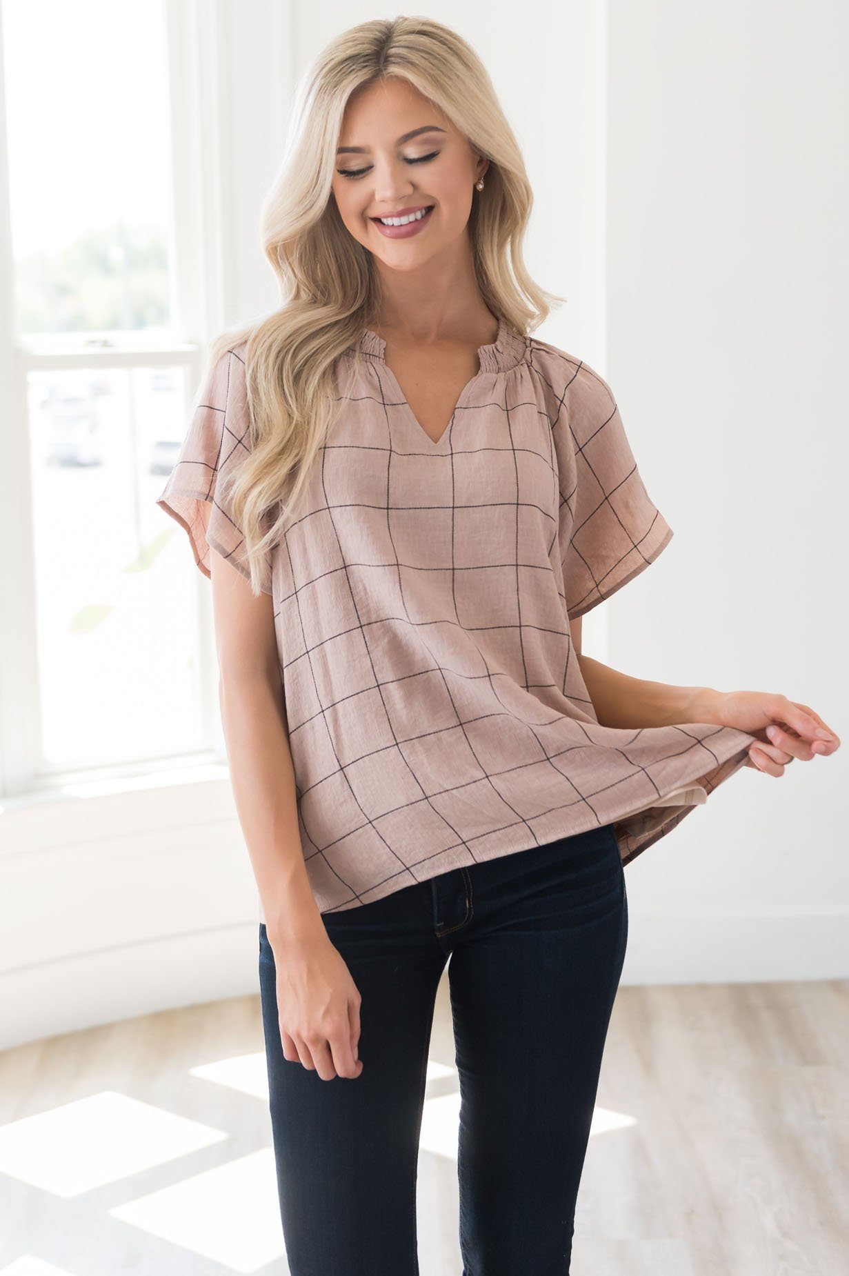 Nine to Five Modest Windowpane Blouse