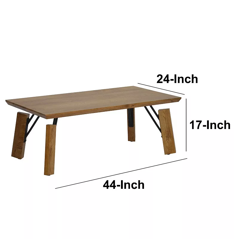 Rectangular Wooden Coffee Table with Block Legs， Natural Brown